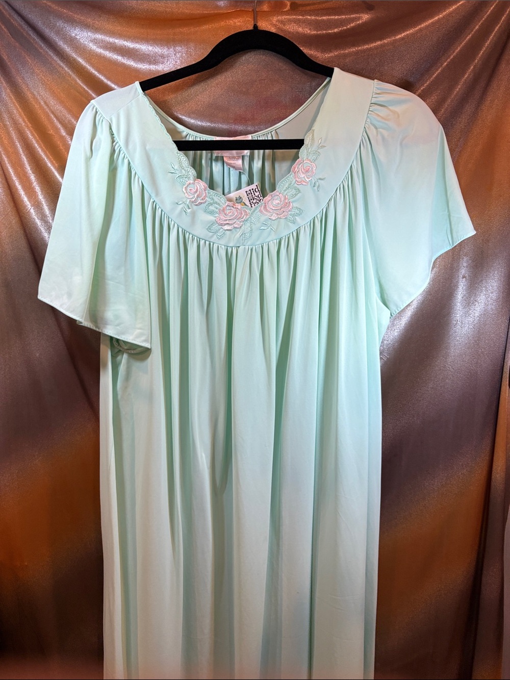 Vintage Shadowline Mint Green Nightgown Pink‎ Rose Embroidery 222